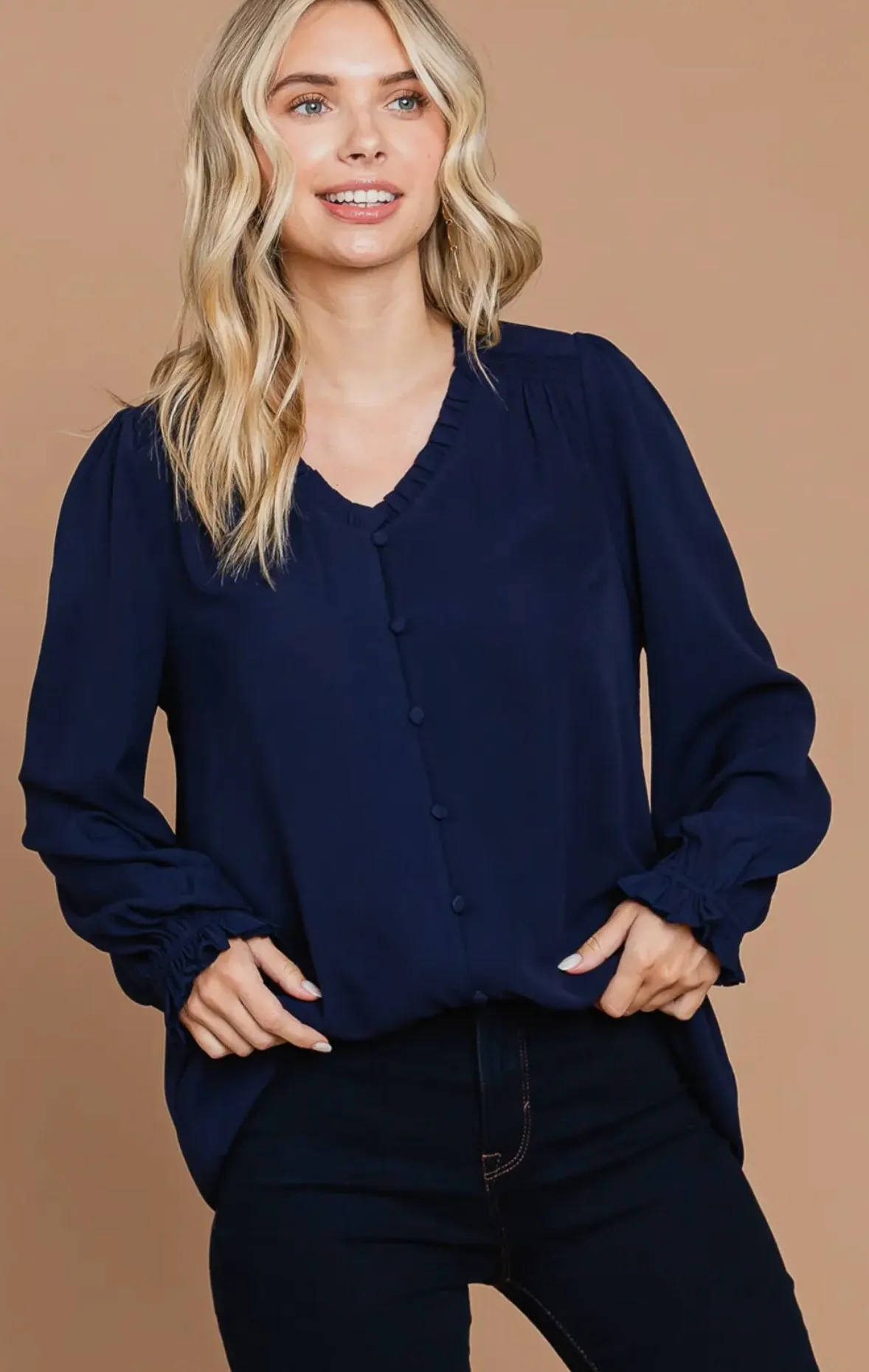 Navy V-Neck Blouse