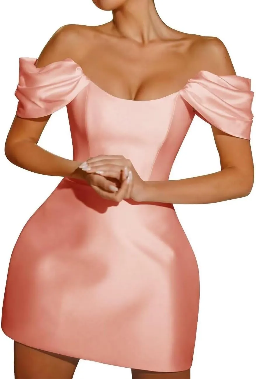 Off Shoulder Short Wedding Dress for Bride A-Line Strapless Satin Prom Homecoming Dresses for Teens Mini Bridal Gowns
