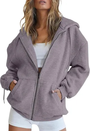 PETYCZEN Zip Up Hoodies for Women Casual Long Sleeve Oversized Sweatshirt Drawstring Cute Teen Girls Jackets Fall Y2K Clothes