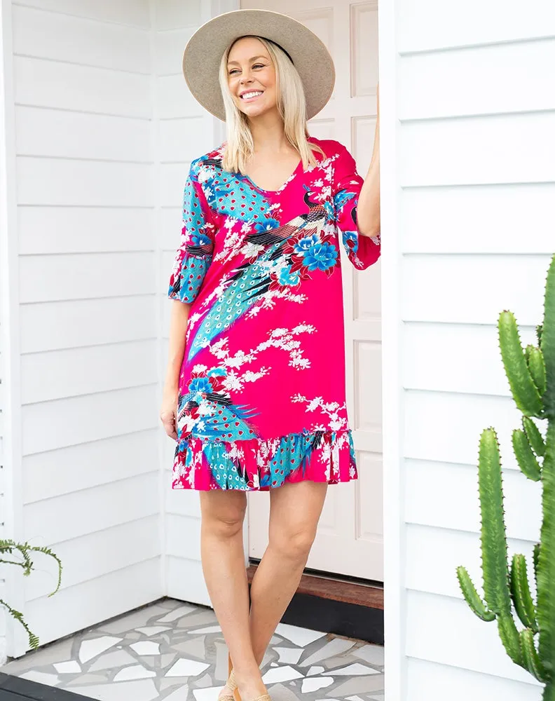PINK PEACOCK SHIFT FRILL DRESS