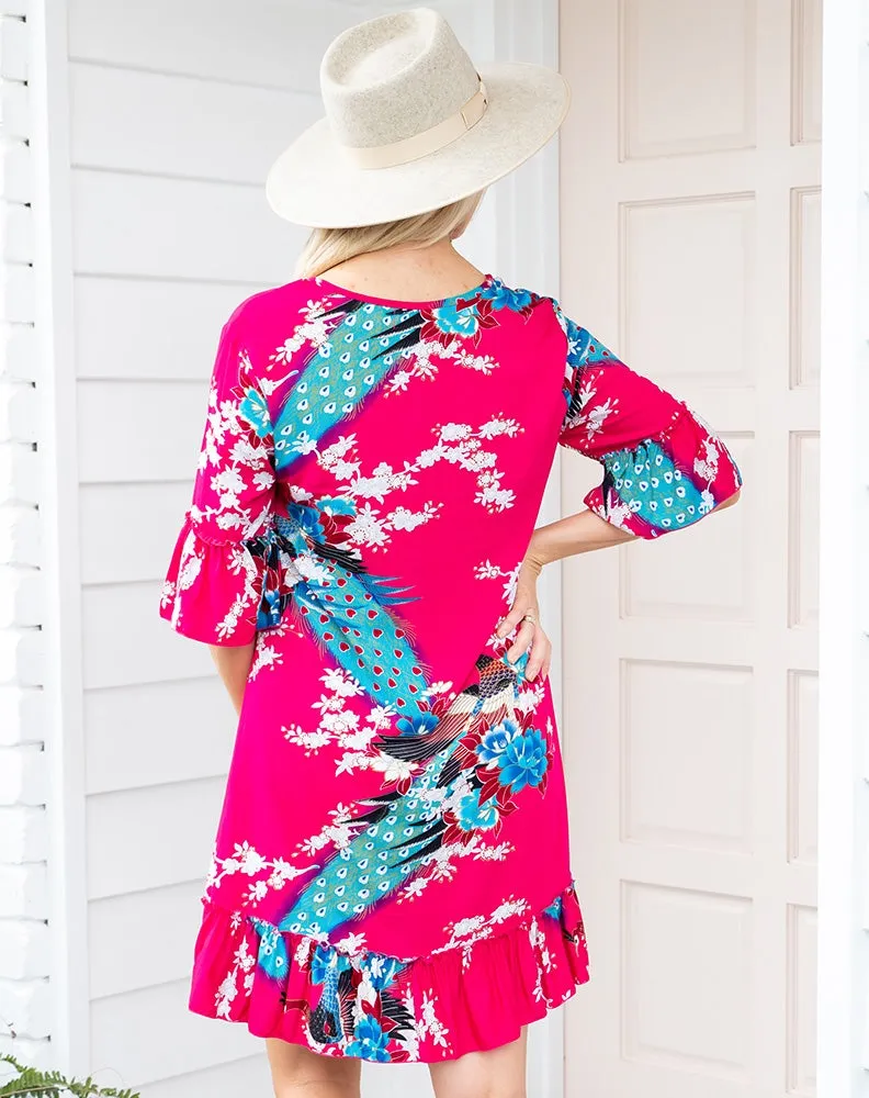 PINK PEACOCK SHIFT FRILL DRESS