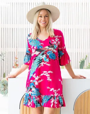 PINK PEACOCK SHIFT FRILL DRESS