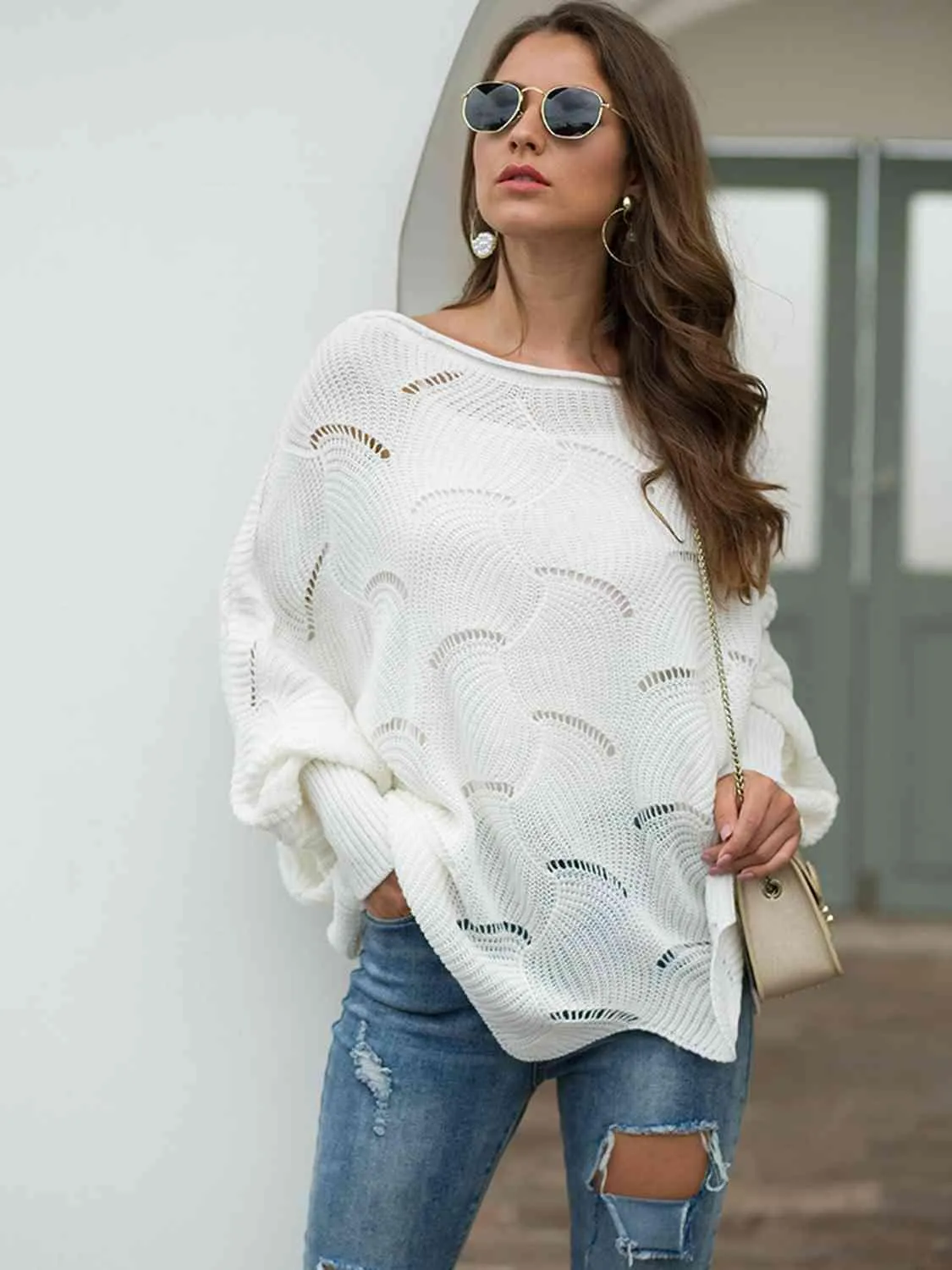 Pleasingly Warm Open Knit Lantern Sleeve Sweater
