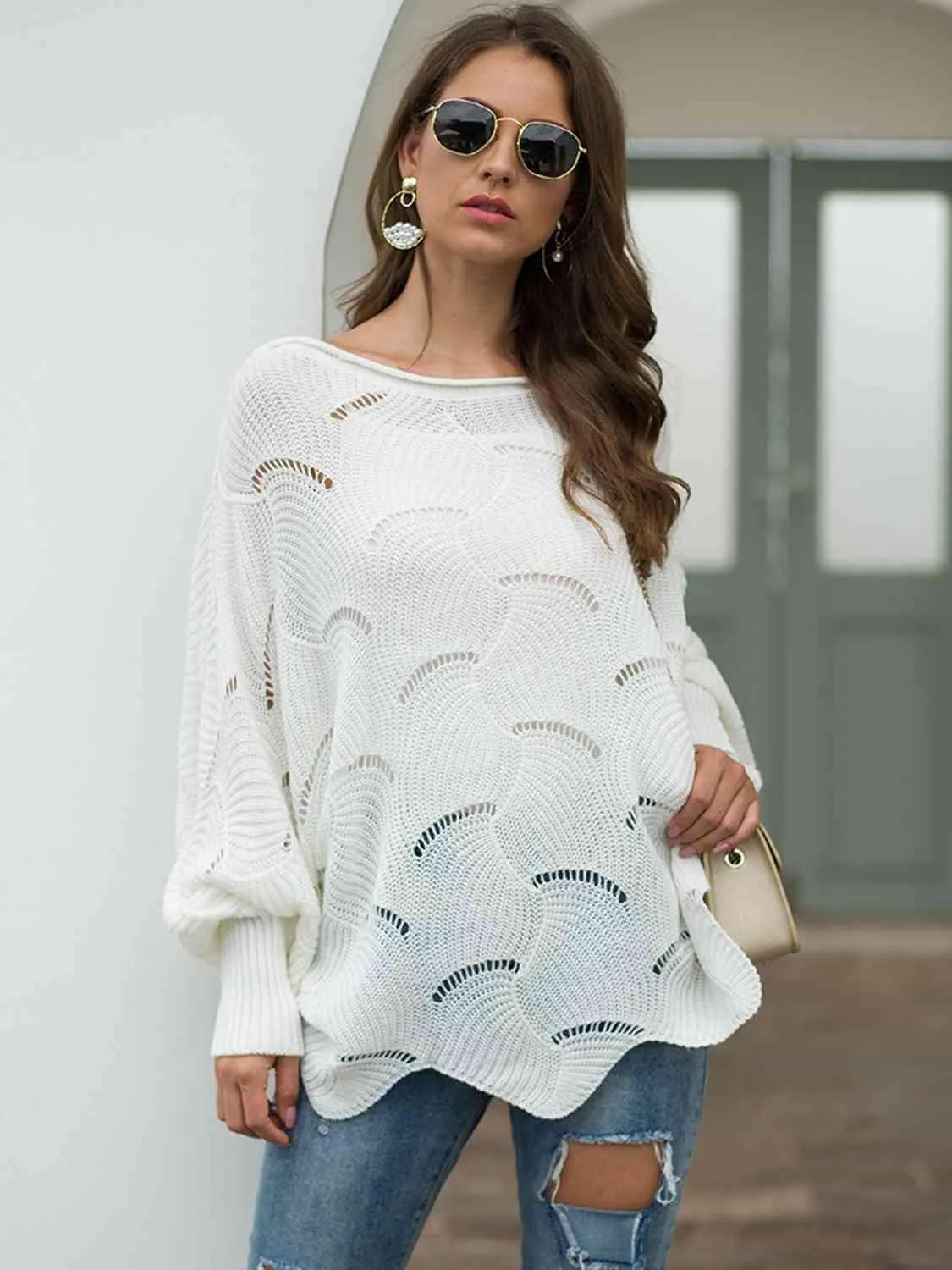 Pleasingly Warm Open Knit Lantern Sleeve Sweater