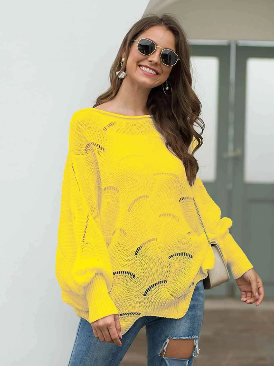 Pleasingly Warm Open Knit Lantern Sleeve Sweater