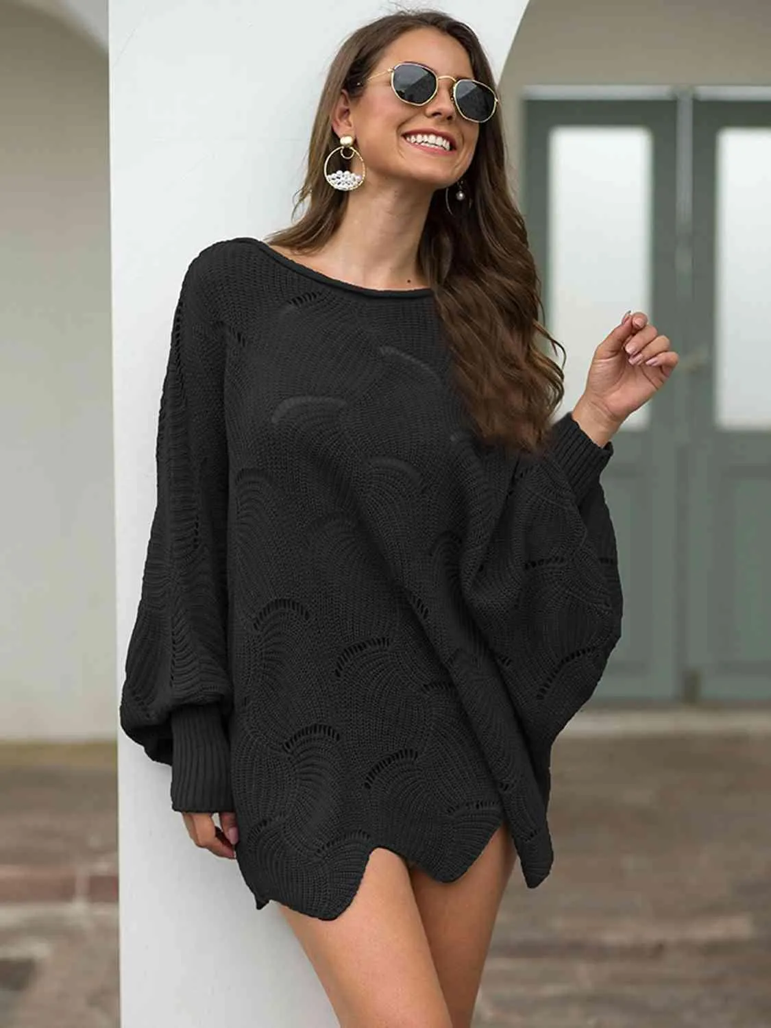 Pleasingly Warm Open Knit Lantern Sleeve Sweater