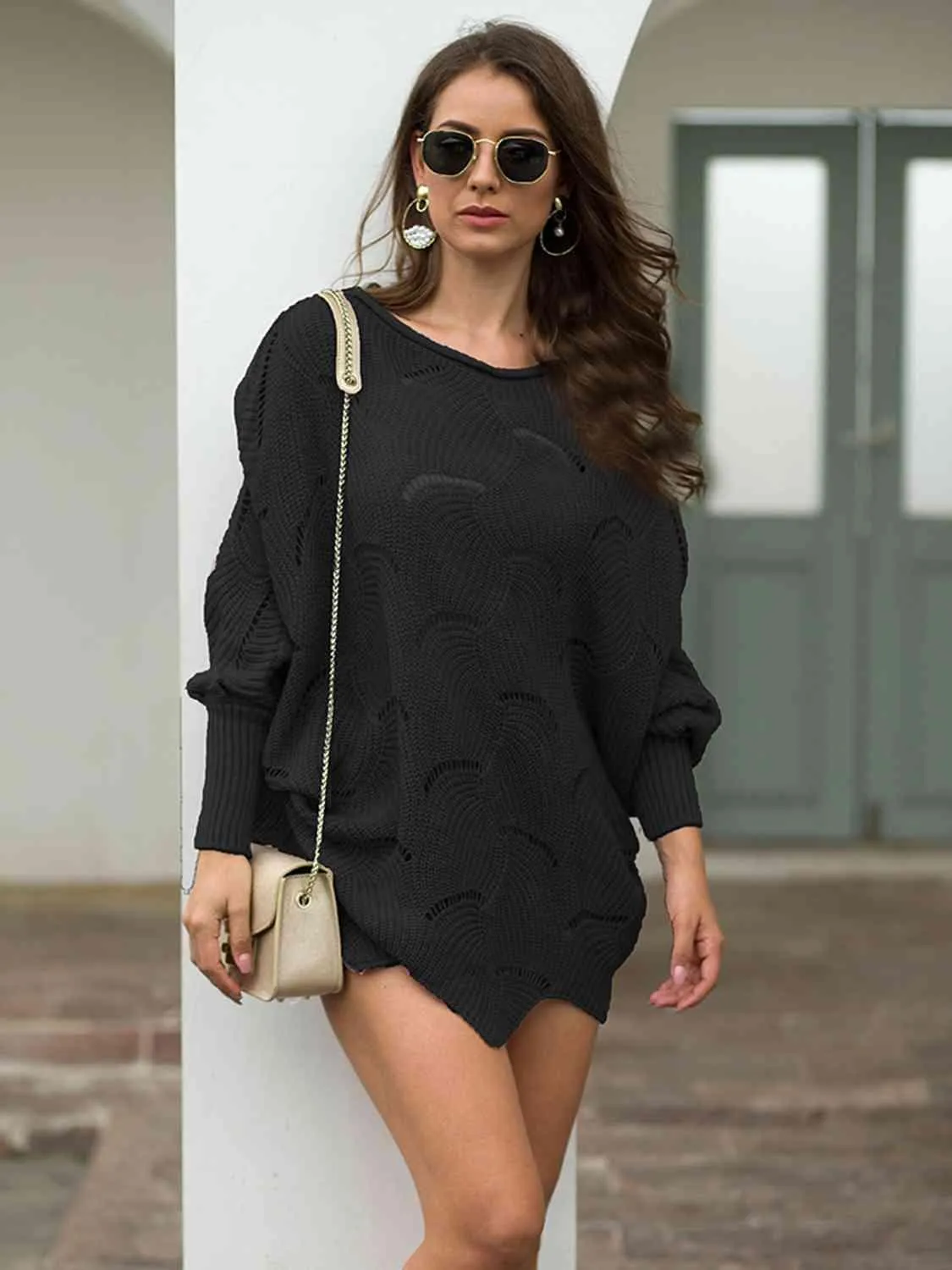 Pleasingly Warm Open Knit Lantern Sleeve Sweater