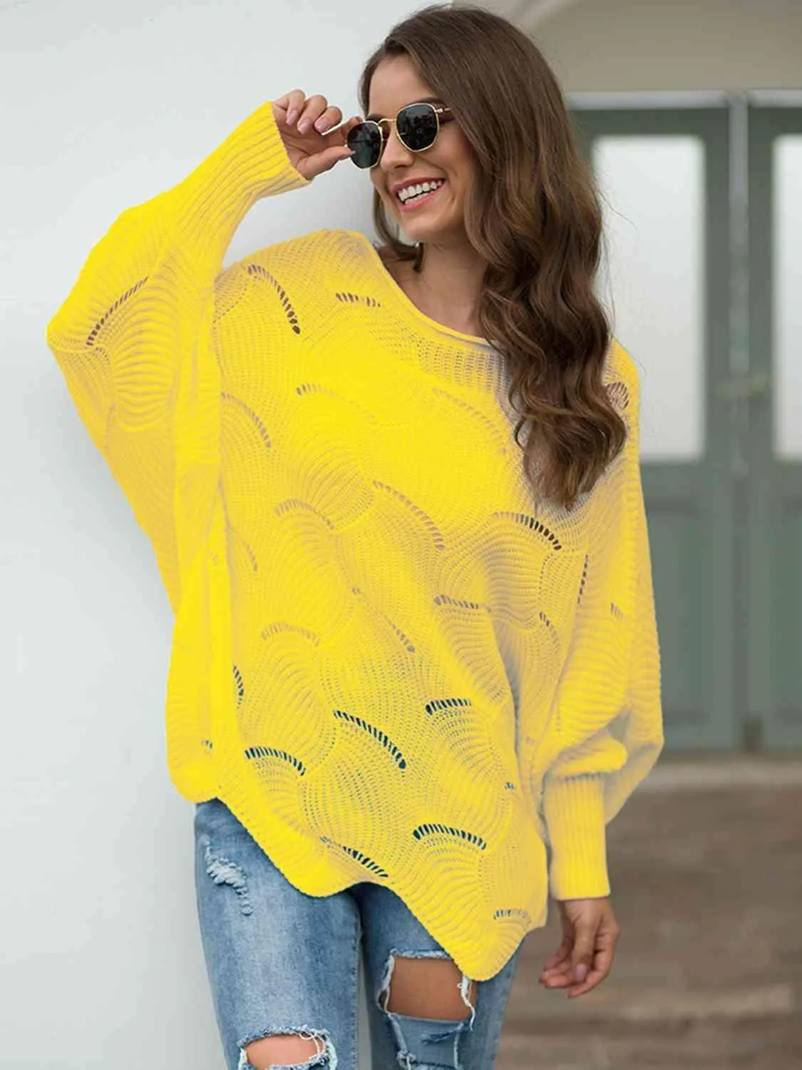 Pleasingly Warm Open Knit Lantern Sleeve Sweater