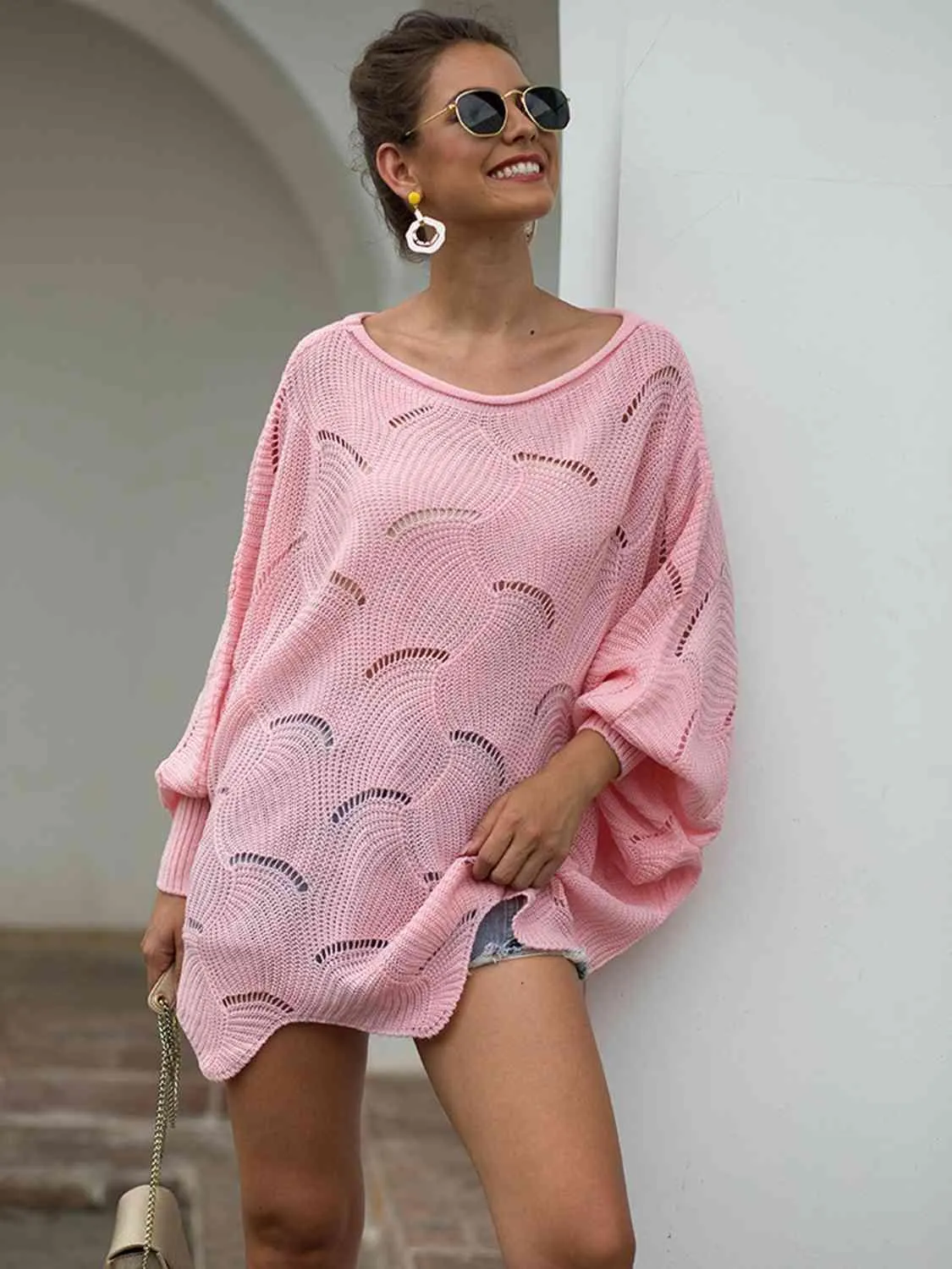 Pleasingly Warm Open Knit Lantern Sleeve Sweater