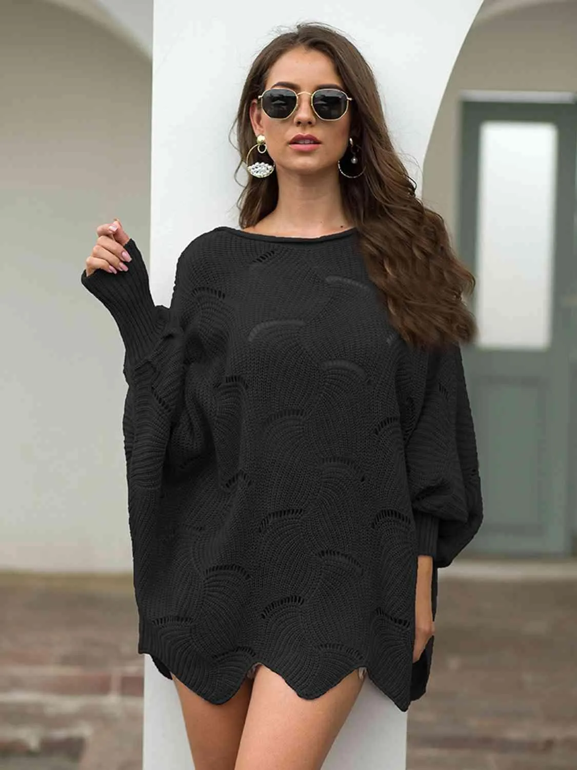 Pleasingly Warm Open Knit Lantern Sleeve Sweater