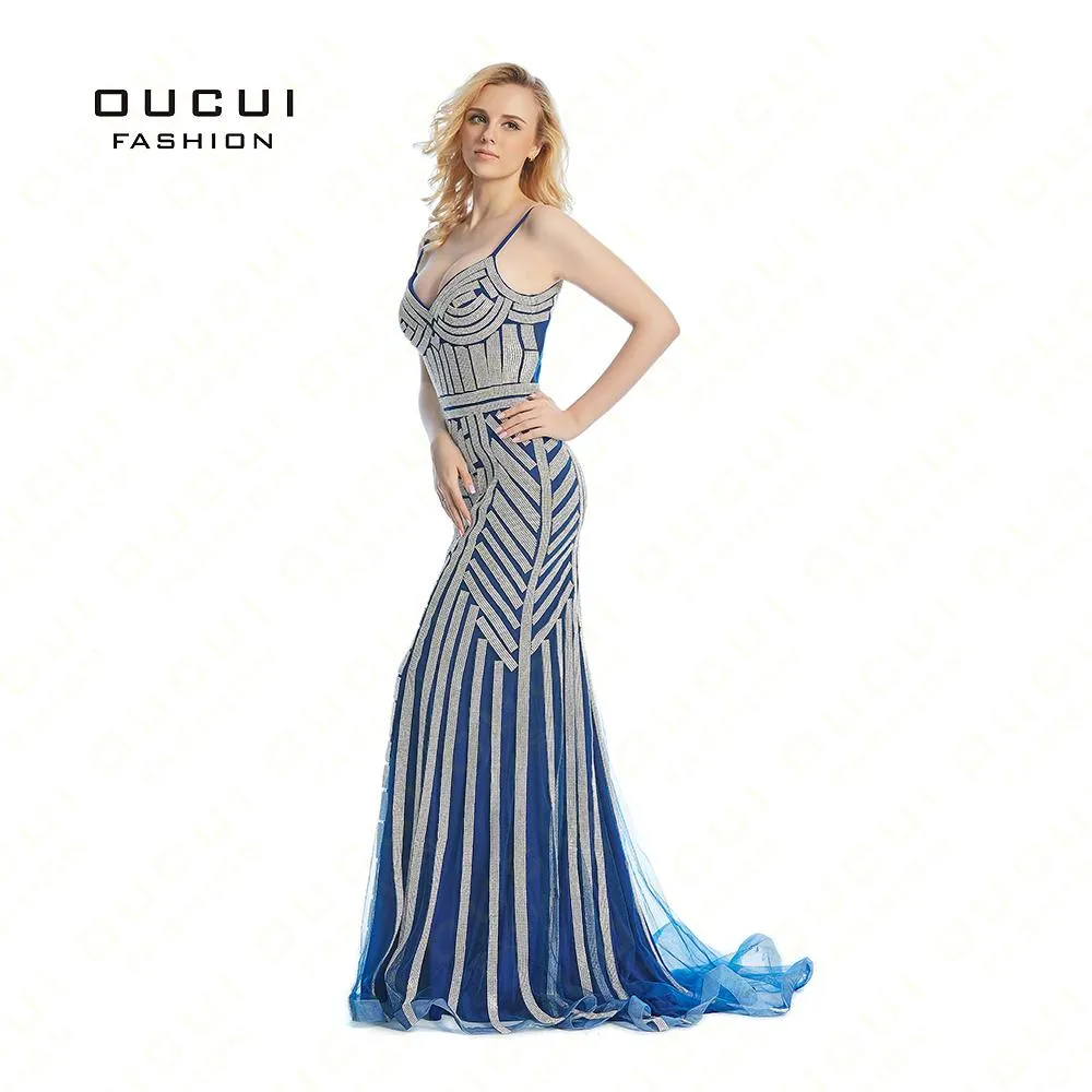 Real Photos Tulle Crystal Royal Blue Color Party Occasion Formal Long Evening Dress OL102829