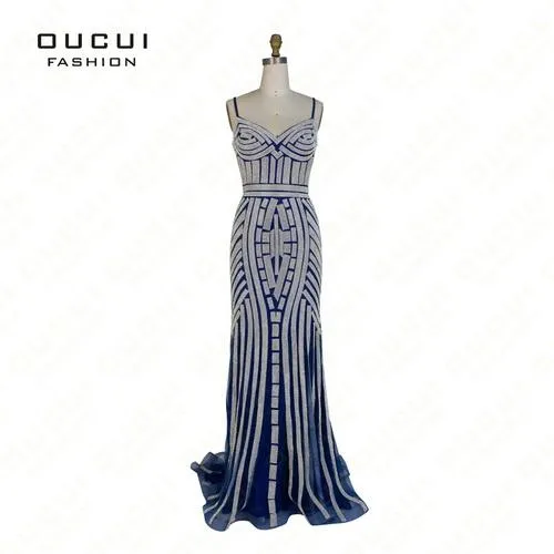 Real Photos Tulle Crystal Royal Blue Color Party Occasion Formal Long Evening Dress OL102829