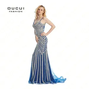 Real Photos Tulle Crystal Royal Blue Color Party Occasion Formal Long Evening Dress OL102829