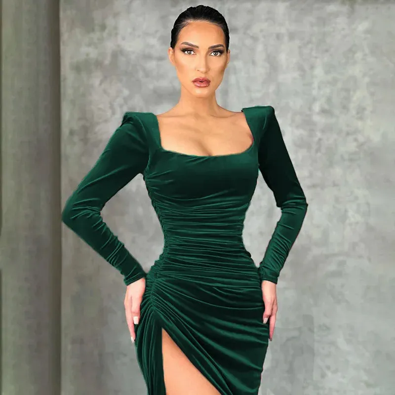Red Velvet Elegant Midi Christmas Party Dress