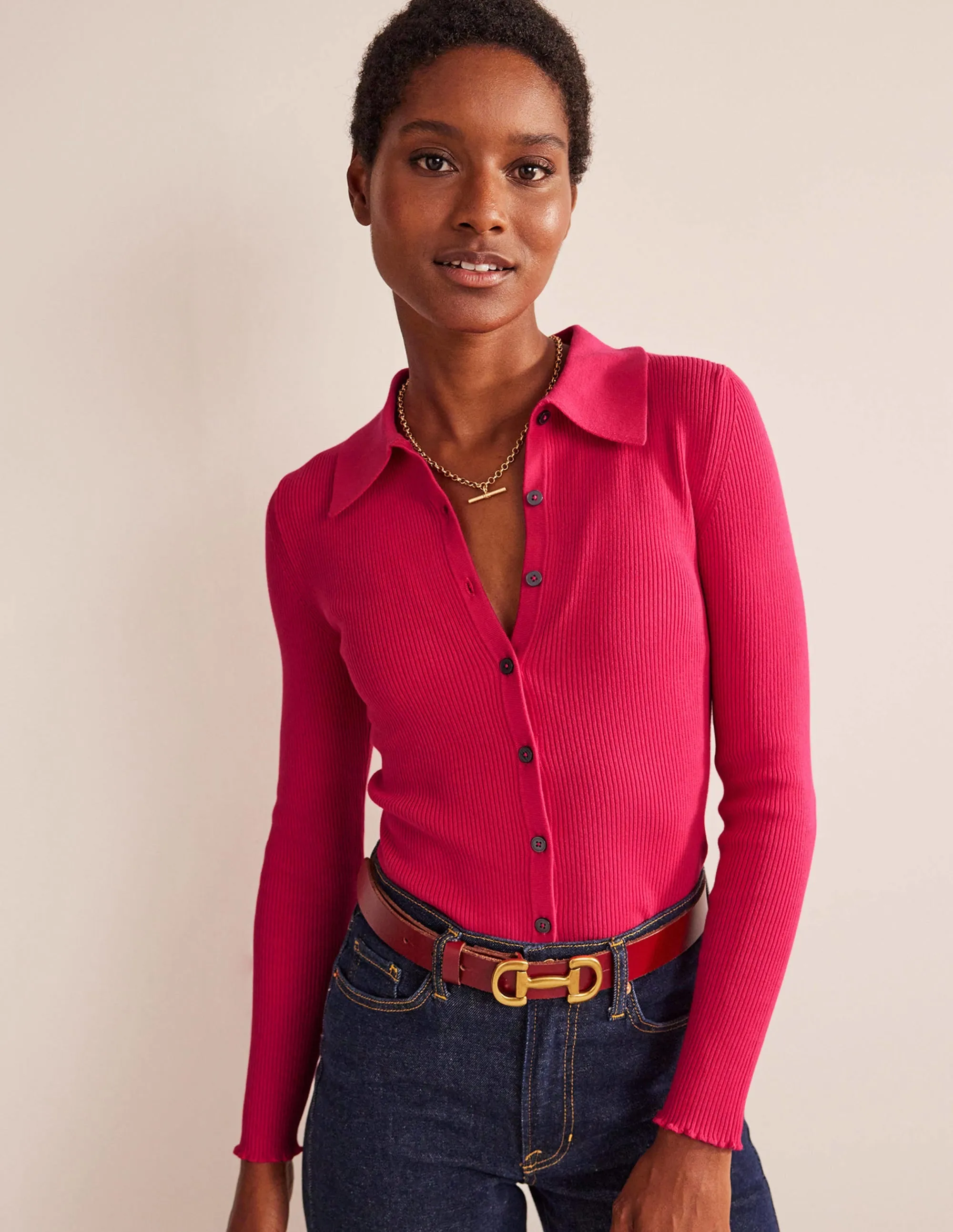 Ribbed-Knit Fitted Shirt-Virtual Pink