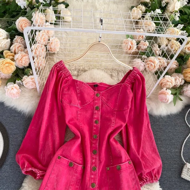 Rose Pink Jumpsuit with Retro Single-Breasted Button, Slim-Fit Short Denim Pants for Autumn