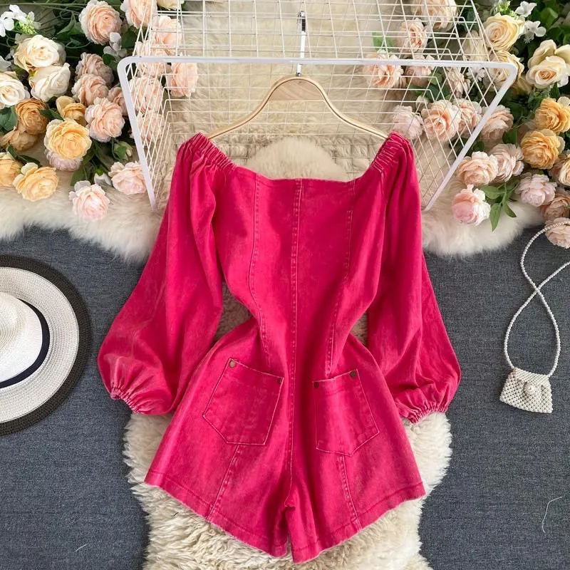 Rose Pink Jumpsuit with Retro Single-Breasted Button, Slim-Fit Short Denim Pants for Autumn