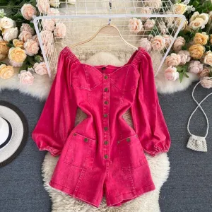 Rose Pink Jumpsuit with Retro Single-Breasted Button, Slim-Fit Short Denim Pants for Autumn
