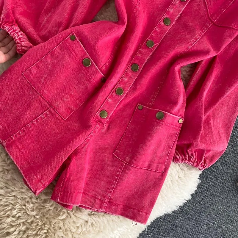 Rose Pink Jumpsuit with Retro Single-Breasted Button, Slim-Fit Short Denim Pants for Autumn