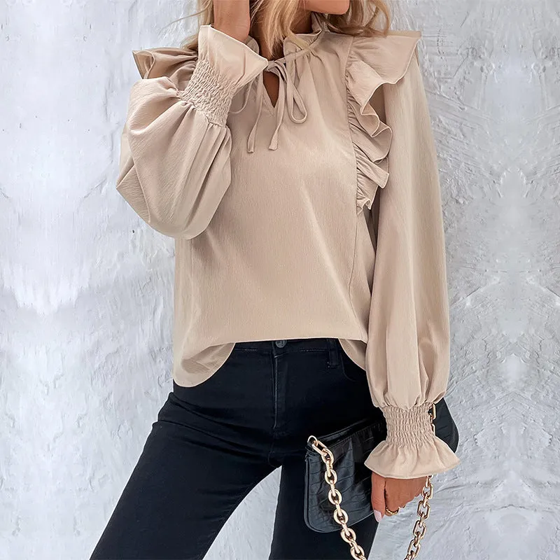 Ruffle Long Sleeve Solid Color Versatile Commuting Blouses Wholesale Women Top