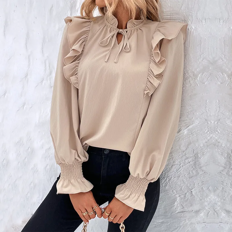 Ruffle Long Sleeve Solid Color Versatile Commuting Blouses Wholesale Women Top