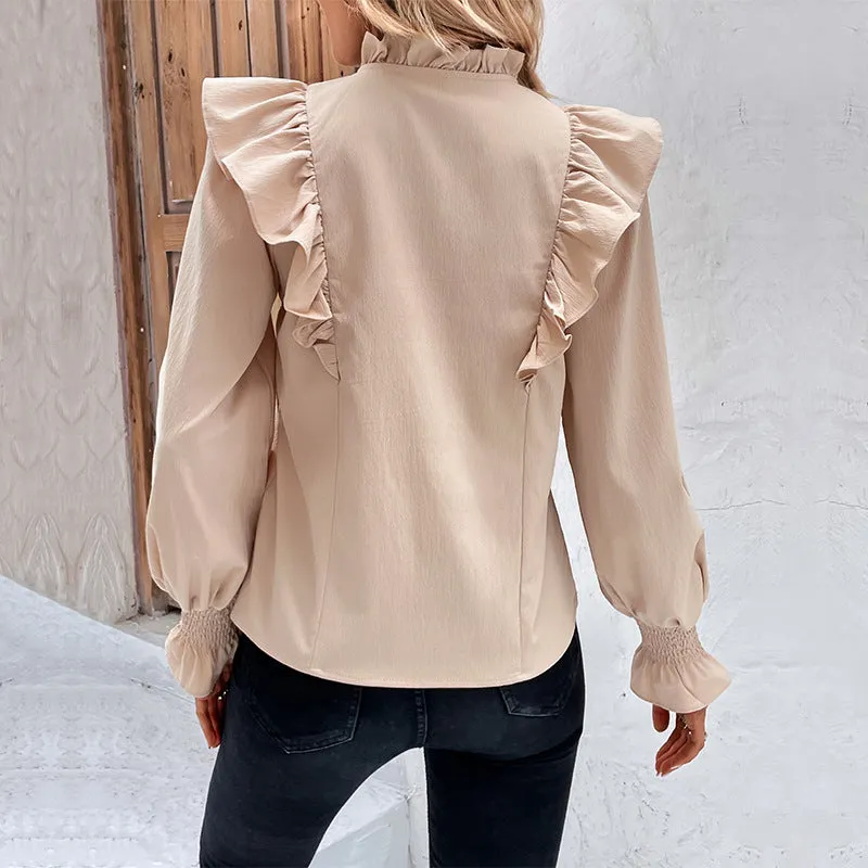Ruffle Long Sleeve Solid Color Versatile Commuting Blouses Wholesale Women Top