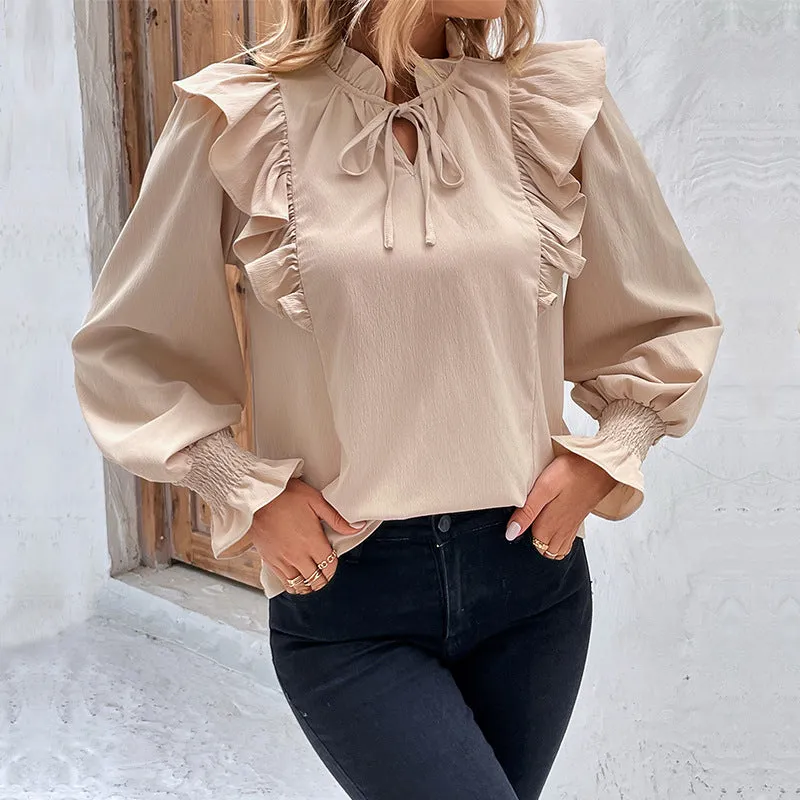 Ruffle Long Sleeve Solid Color Versatile Commuting Blouses Wholesale Women Top