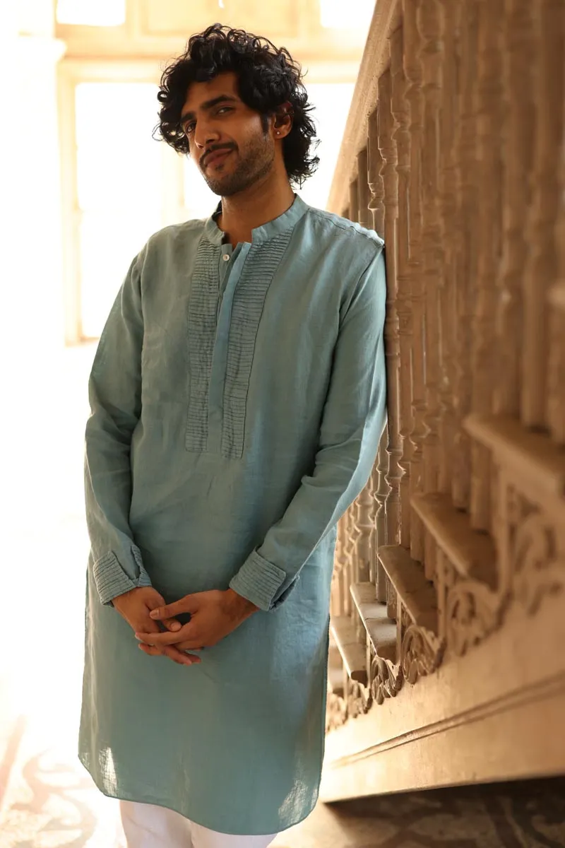 Sage Green Pleated-Cuff Kurta Set