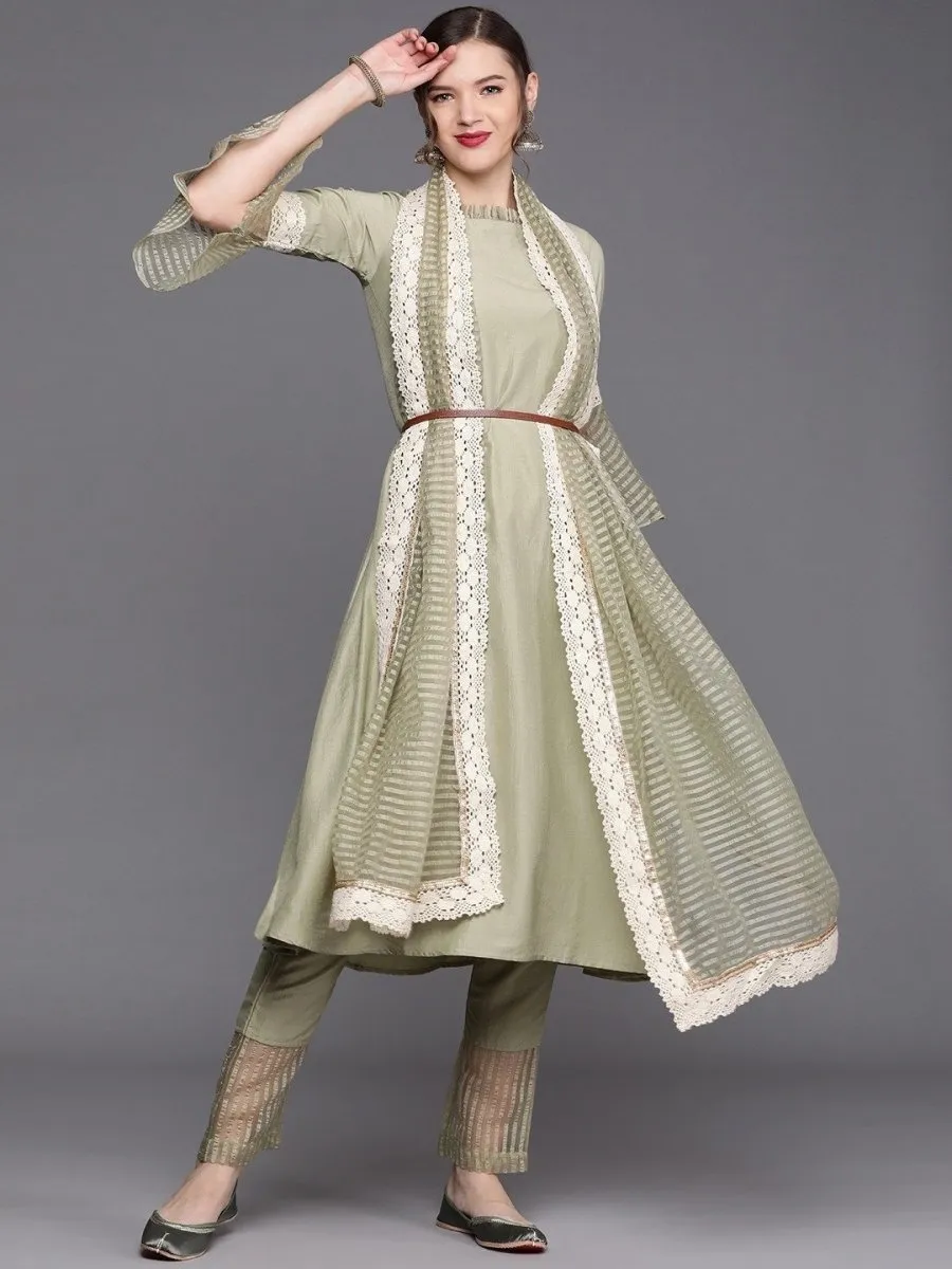 Sage Green Solid Woven Kurta with Pants and Organza Dupatta