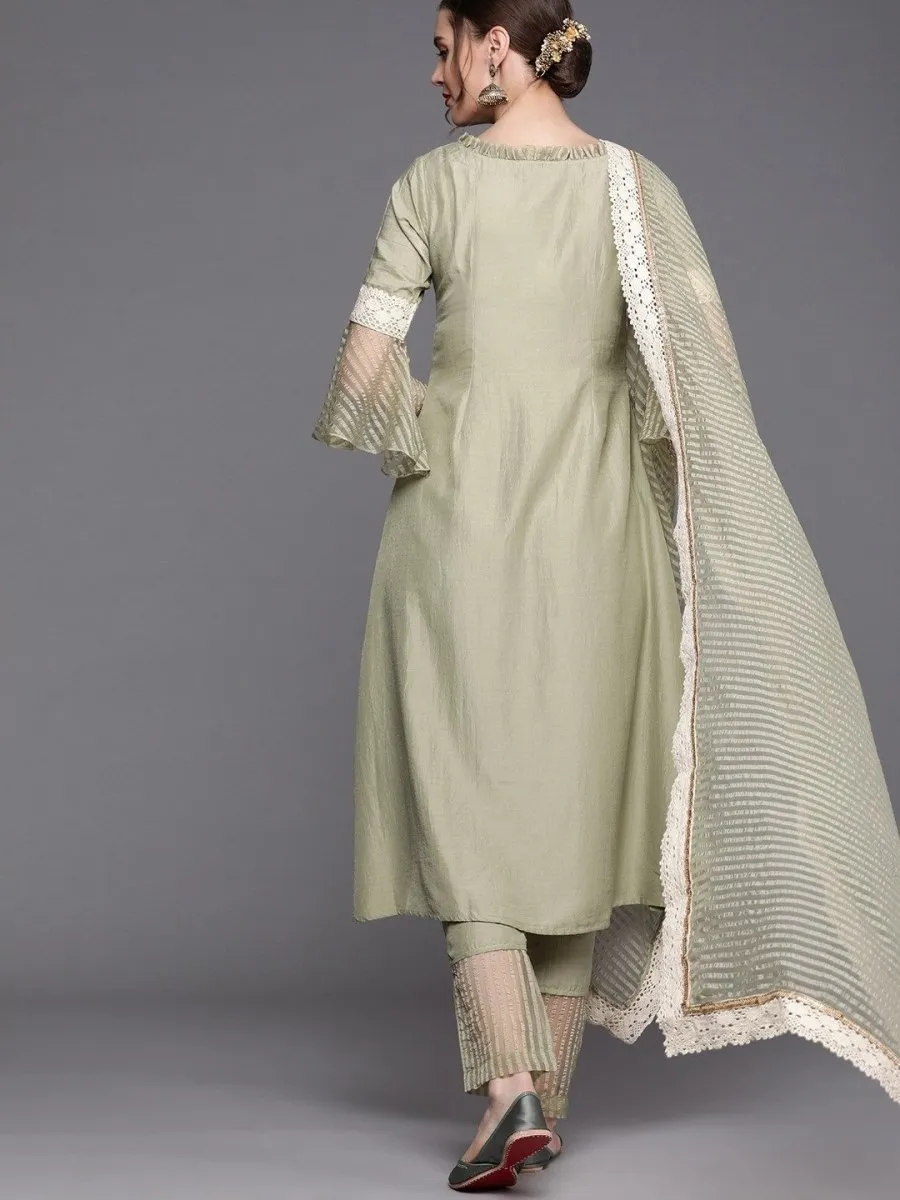 Sage Green Solid Woven Kurta with Pants and Organza Dupatta