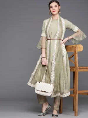 Sage Green Solid Woven Kurta with Pants and Organza Dupatta