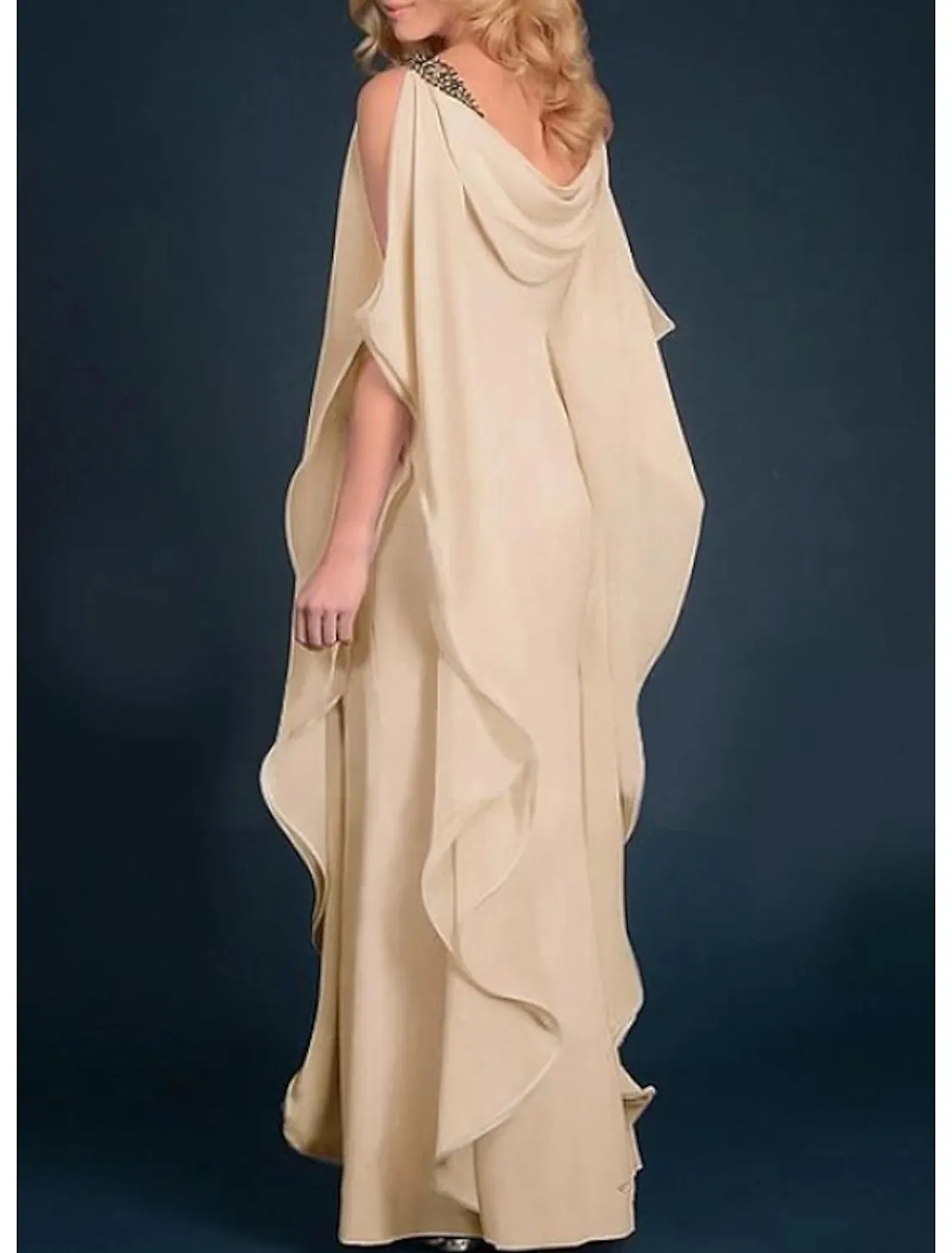 Sheath / Column Mother of the Bride Dress Fall Wedding Guest Dresses Plus Size Elegant Jewel Neck Floor Length Chiffon Half Sleeve with Beading Cascading Ruffles