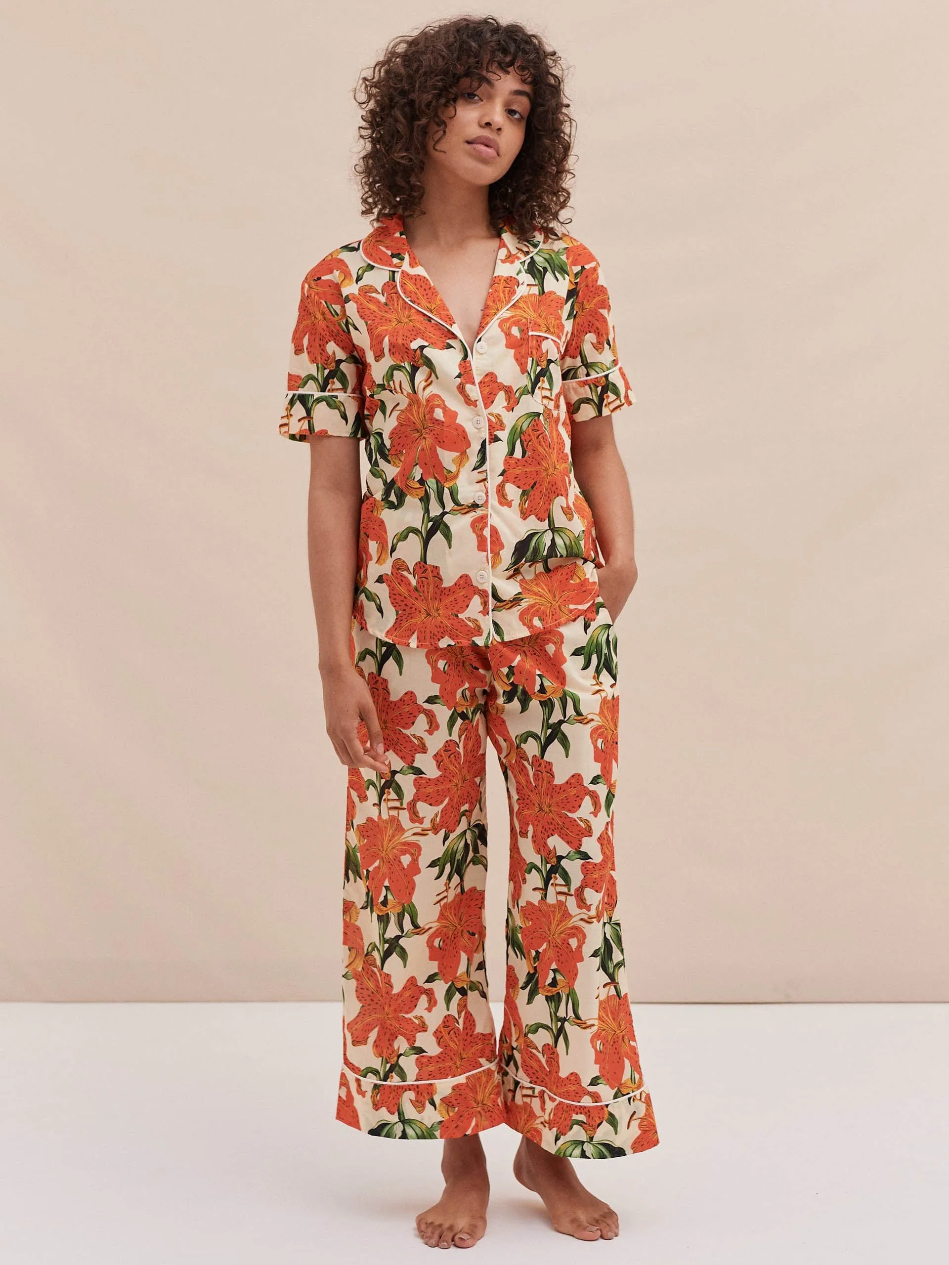 Short sleeve and wide leg trouser set lilium orange cream