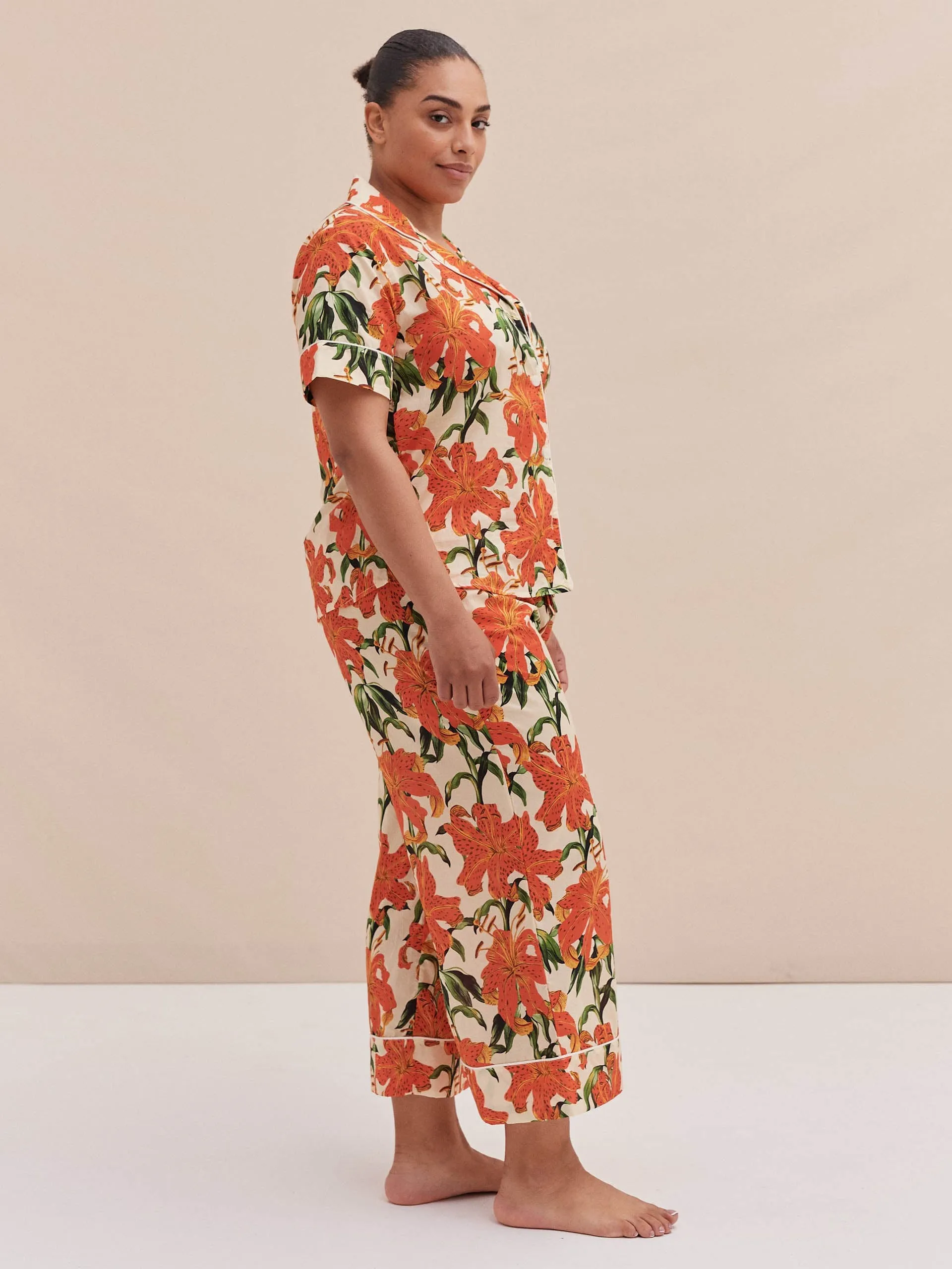Short sleeve and wide leg trouser set lilium orange cream