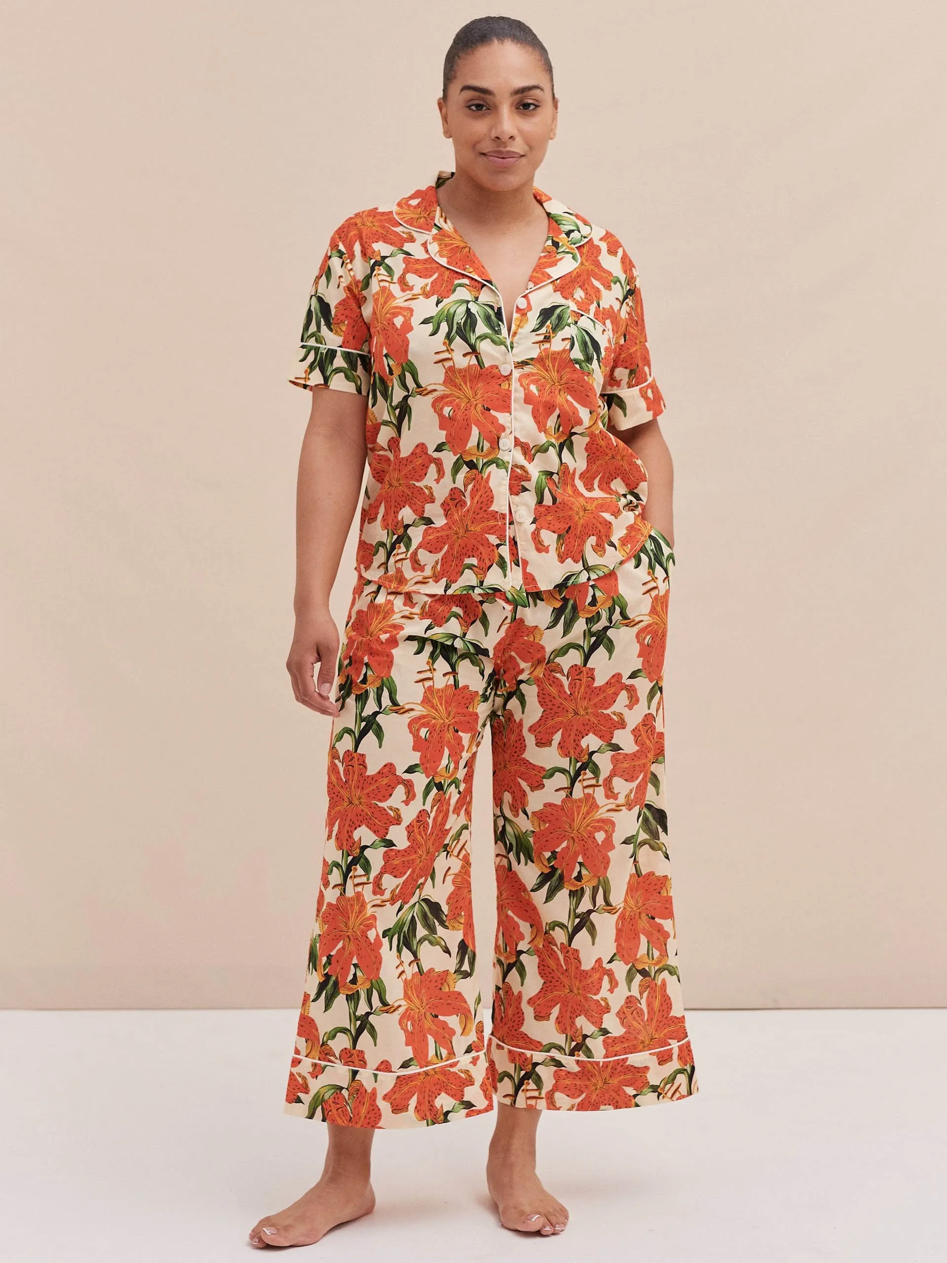 Short sleeve and wide leg trouser set lilium orange cream