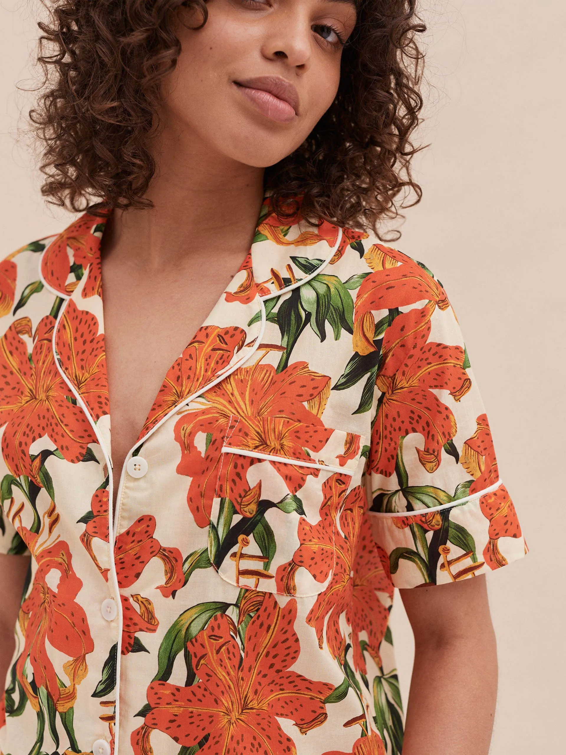 Short sleeve and wide leg trouser set lilium orange cream