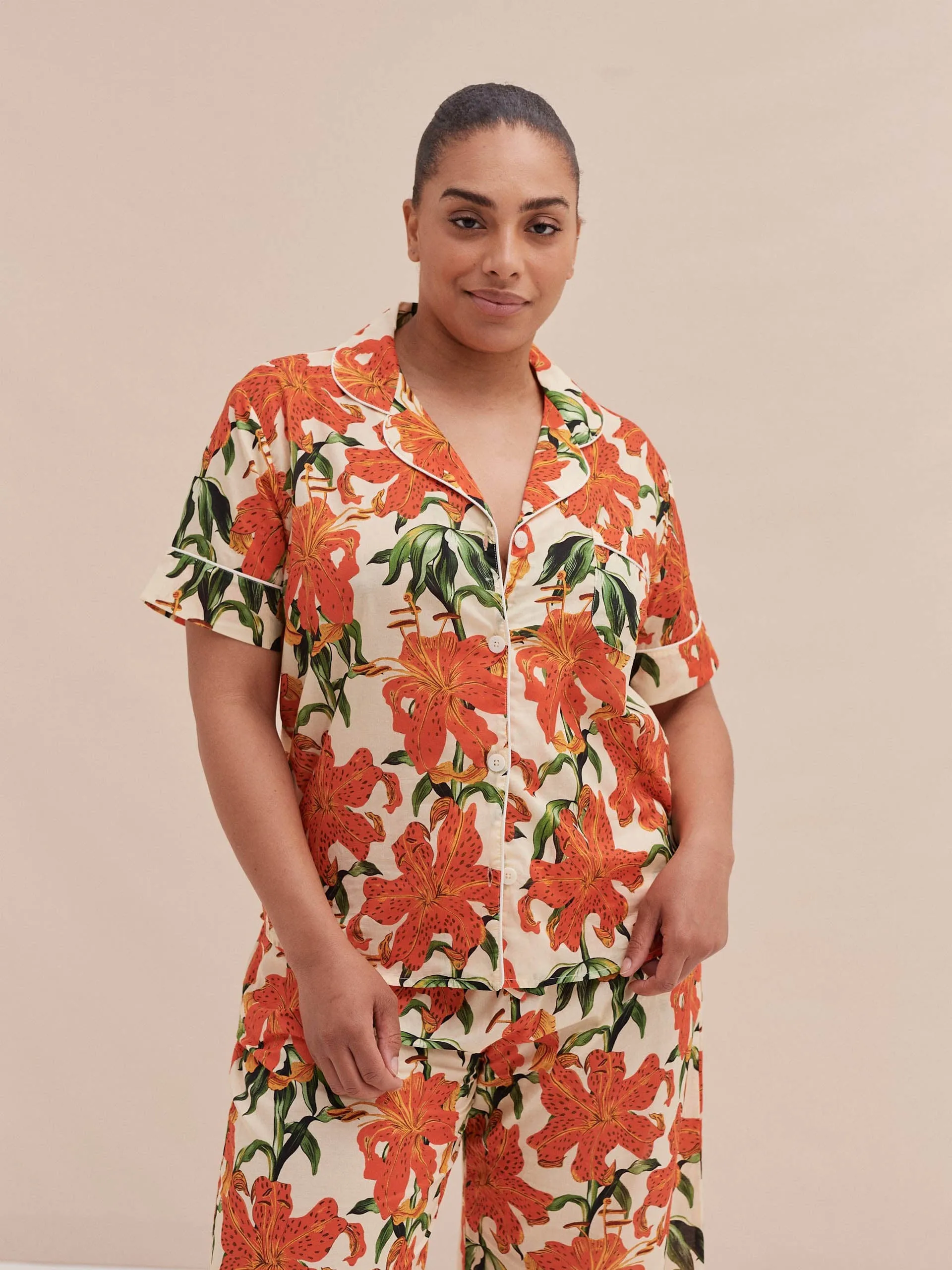 Short sleeve and wide leg trouser set lilium orange cream