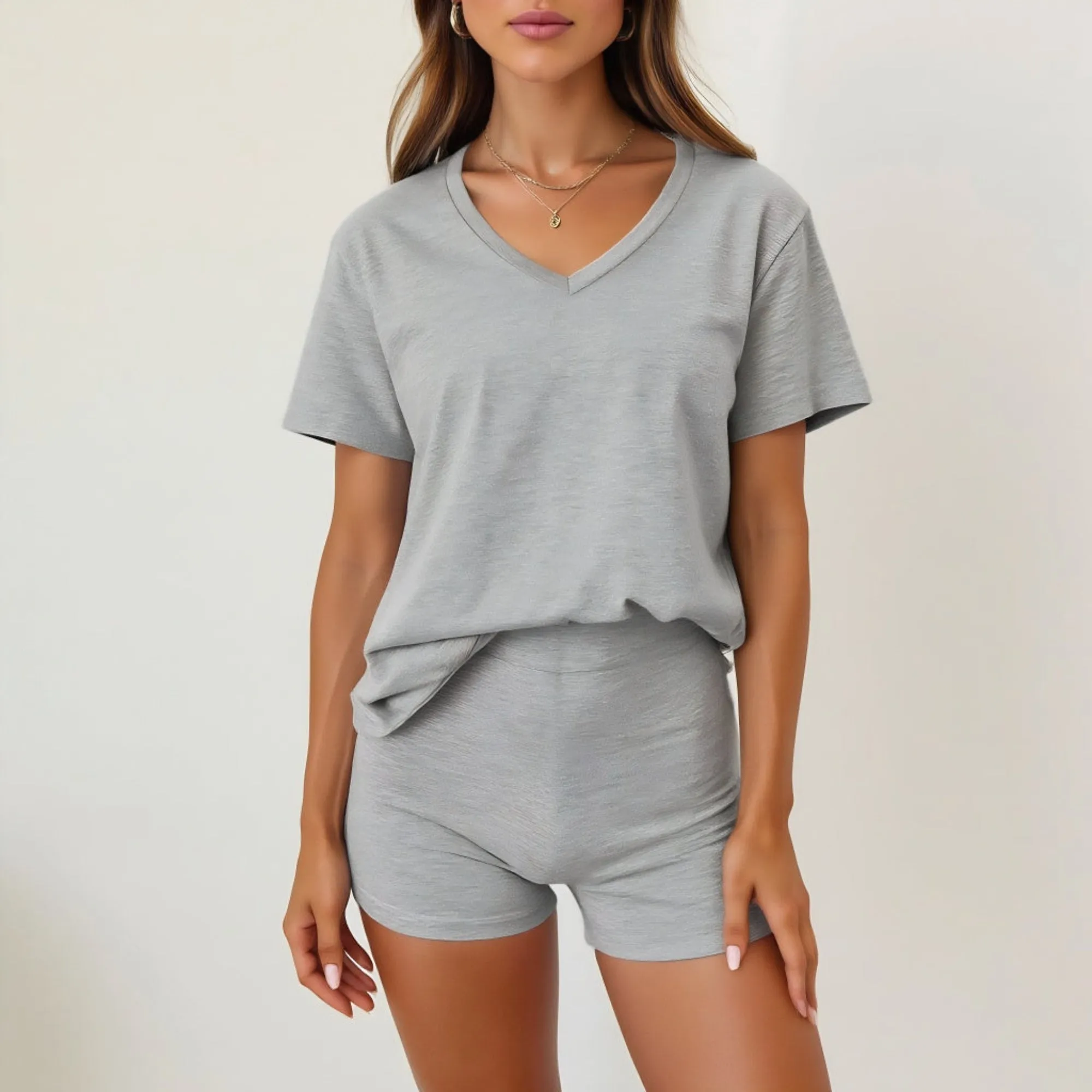 Soft Knit V-Neck Short Sleeve T-Shirt and High-Waisted Shorts Lounge Set