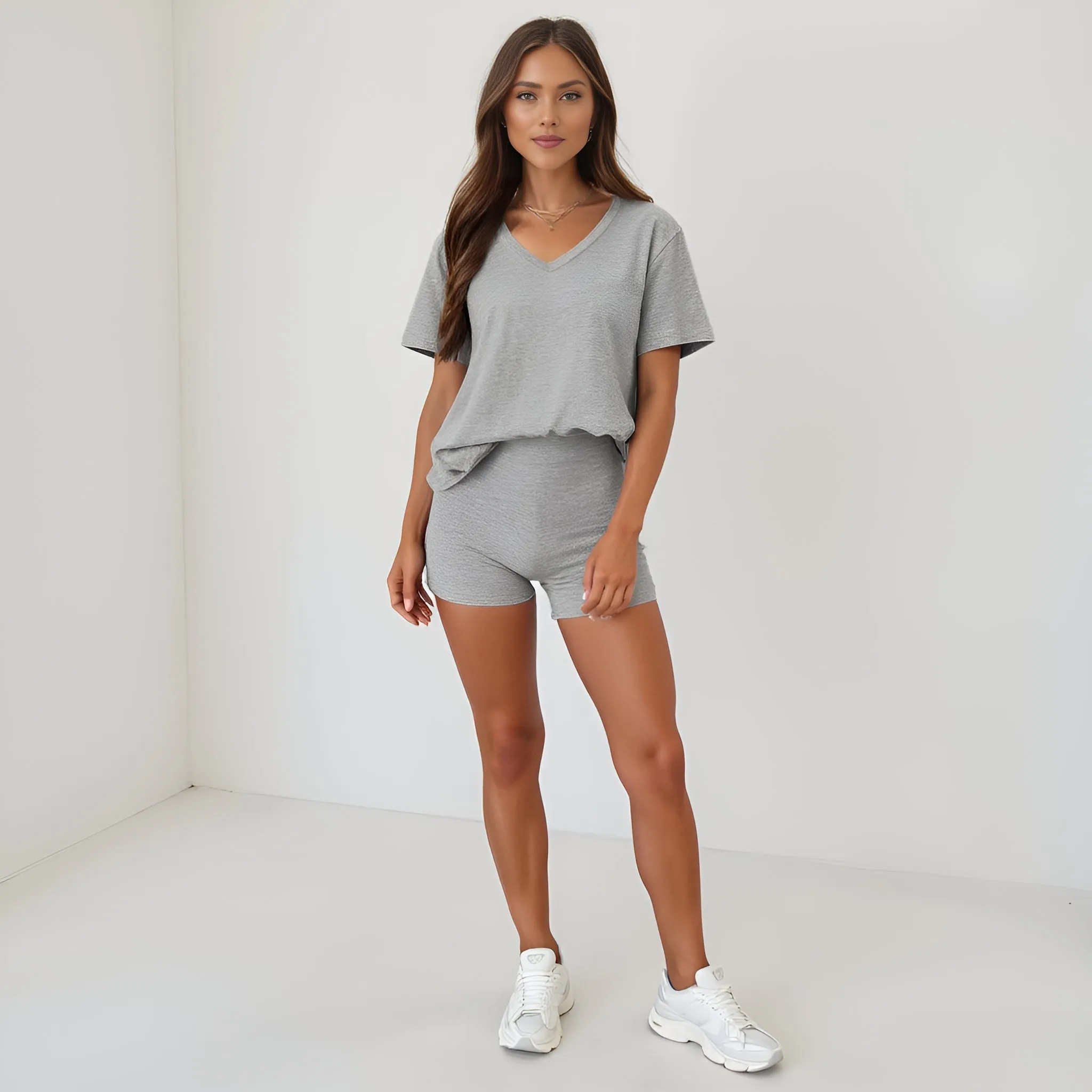 Soft Knit V-Neck Short Sleeve T-Shirt and High-Waisted Shorts Lounge Set