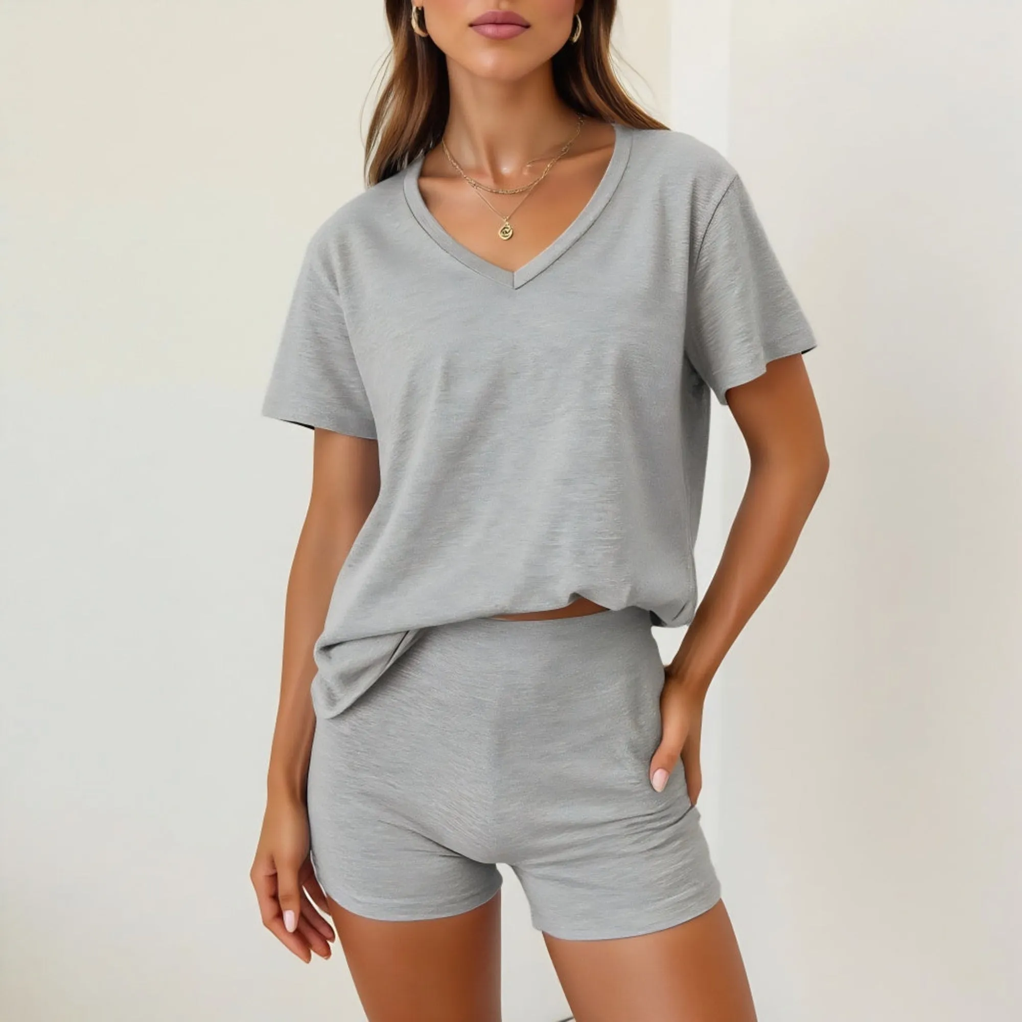 Soft Knit V-Neck Short Sleeve T-Shirt and High-Waisted Shorts Lounge Set