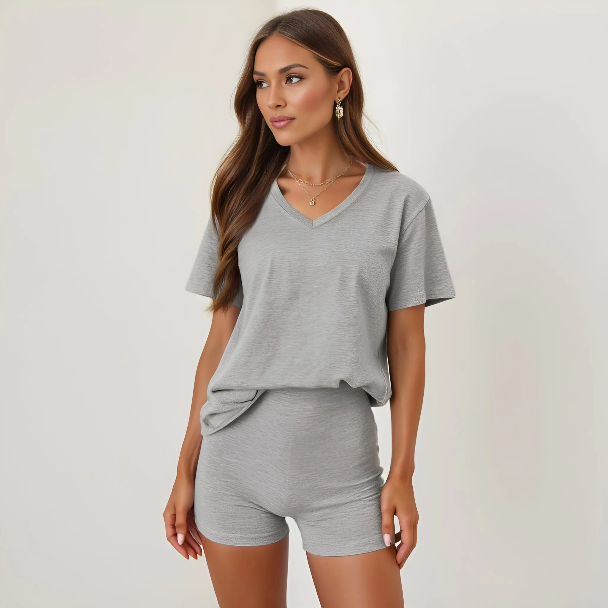 Soft Knit V-Neck Short Sleeve T-Shirt and High-Waisted Shorts Lounge Set