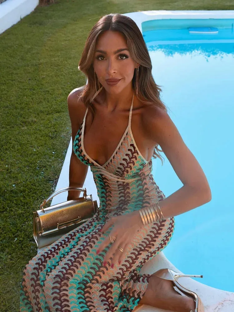 Sorina Multicolour Halter Neck Knit Maxi Dress  Sleeveless Summer Bodycon Beach Holiday Dress