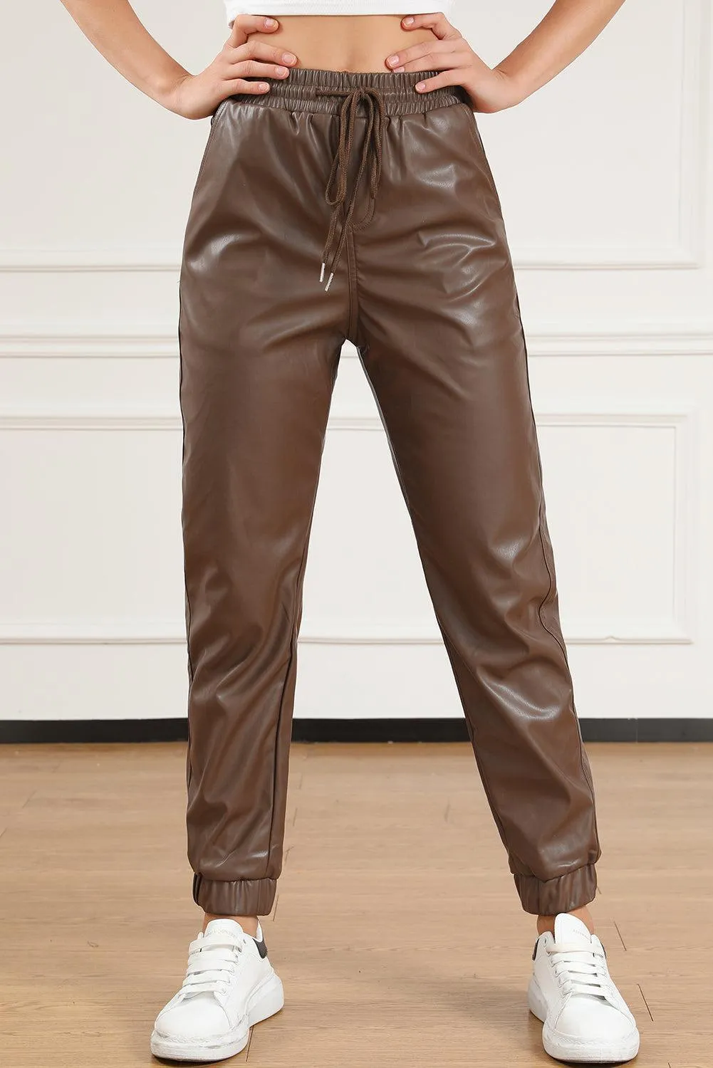 Swagger Drawstring Faux Leather Jogger Pants