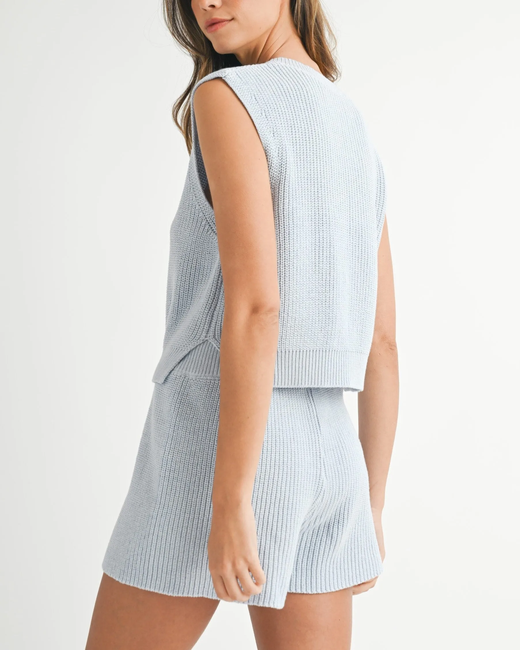 Sweater Knit Vest and Shorts Set - Light Blue