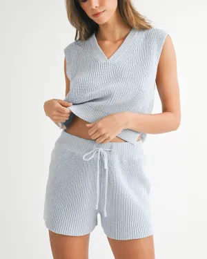 Sweater Knit Vest and Shorts Set - Light Blue
