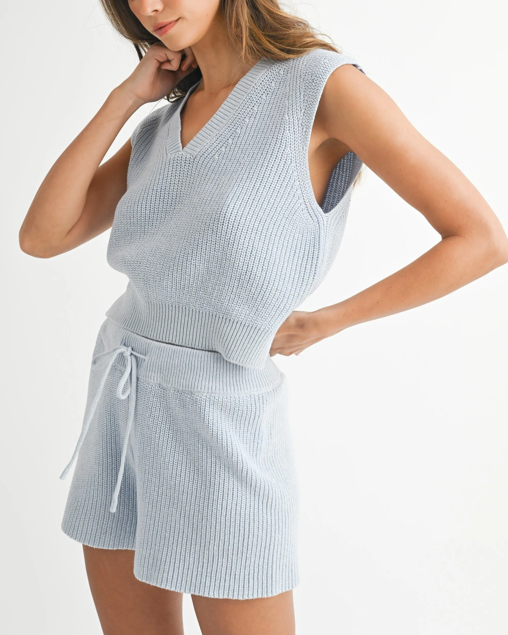 Sweater Knit Vest and Shorts Set - Light Blue