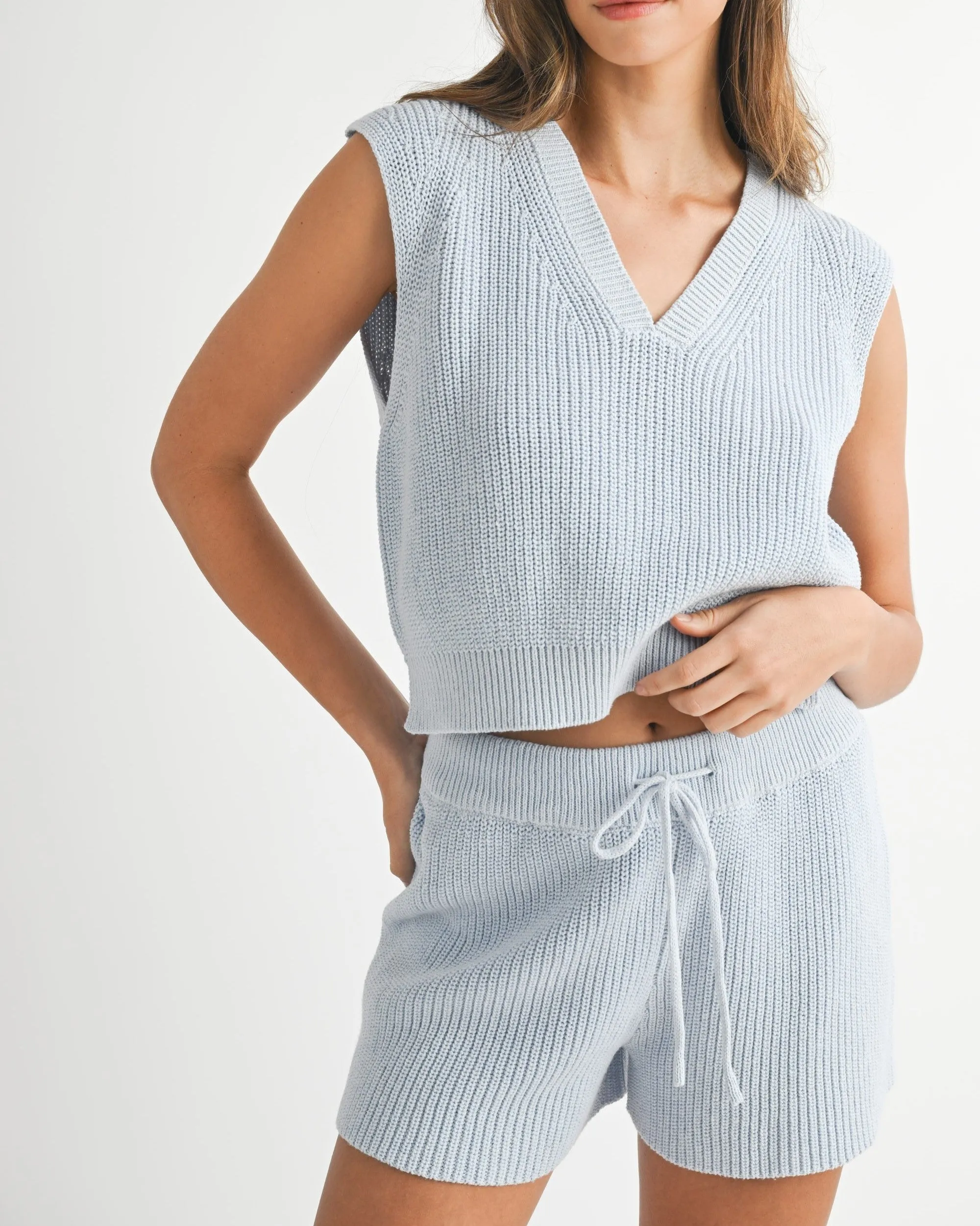Sweater Knit Vest and Shorts Set - Light Blue