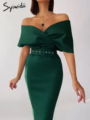 Syiwidii Bodycon Bandage Dresses for Women Off Shoulder Elegant Party Ladies Vintage Midi Dress Club Evening with Belt S4804985 Syiwidii Bodycon Bandage Dresses for Women Off Shoulder Elegant Party Ladies Vintage Midi Dress Club Evening with Belt S4804985