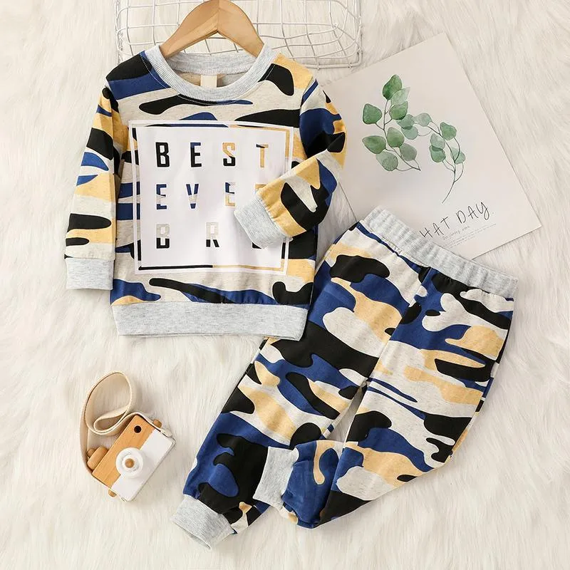 trendy kids wholesale clothing Toddler Boy Camouflage Print Letter Pattern Sweater & Pants Wholesale Children's Clothing