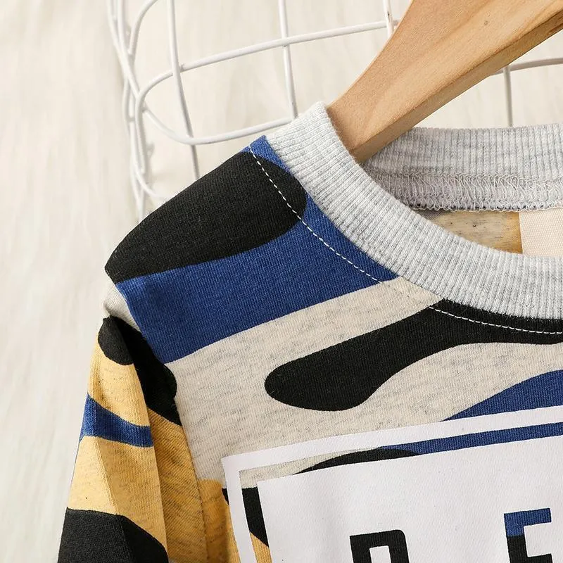 trendy kids wholesale clothing Toddler Boy Camouflage Print Letter Pattern Sweater & Pants Wholesale Children's Clothing